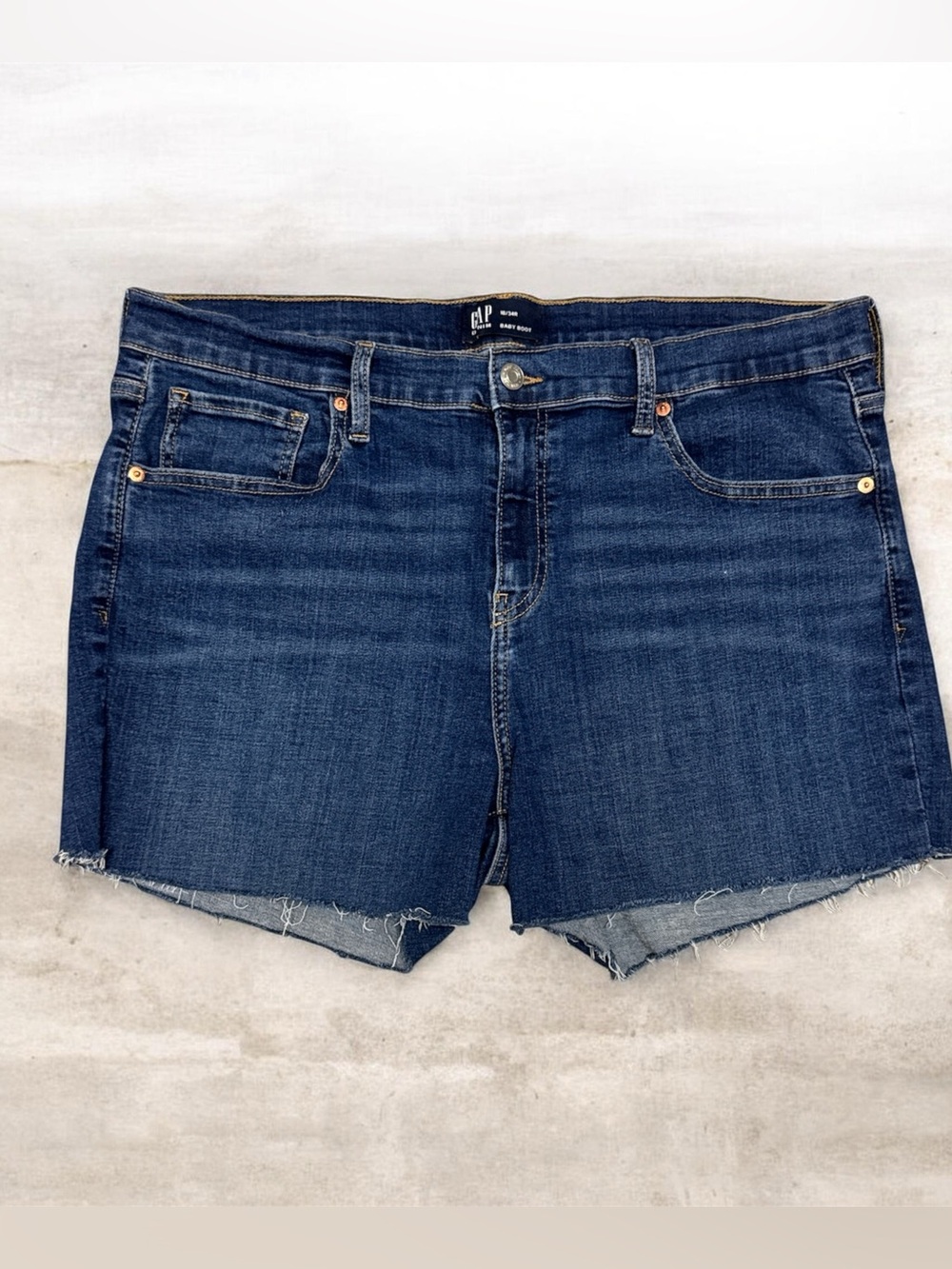 GAP Women’s BabyBoot Denim Shorts SZ-18 Regular DarkWash FrayedHem High Rise